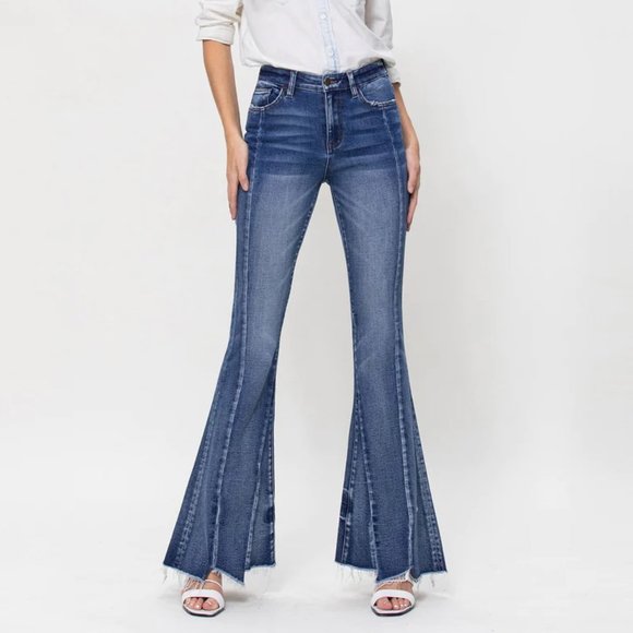 Flying Monkey High Rise Crop Flare Jeans - Step Hem Detail, Comfort Stretch Denim - View #9